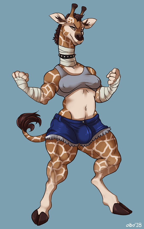 anthro athletic bandage bulge clothed clothing collar dbd dickgirl giraffe intersex looking_at_viewer mammal nipple_bulge solo standing