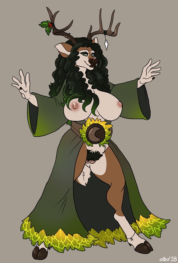 anthro antlers breasts cervine clothed clothing dbd exposed_breasts female horn looking_at_viewer mammal nipples pubes pussy smile solo standing