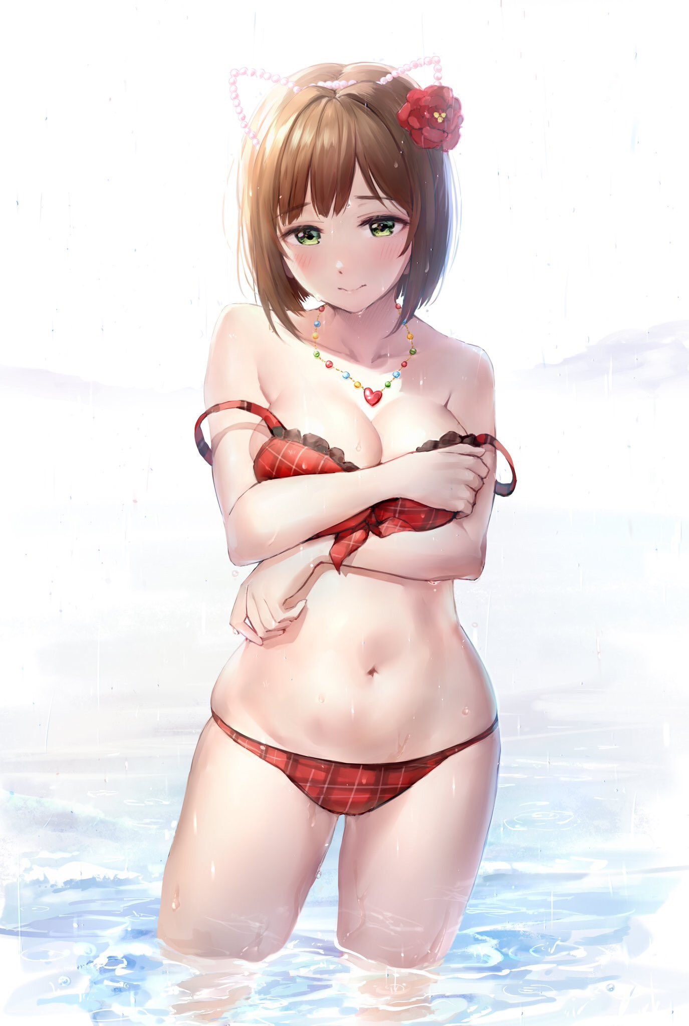 animal_ears bangs bare_shoulders bikini blush breast_hold breasts brown_hair cat_ears cleavage closed_mouth collarbone commentary crossed_arms flower green_eyes hair_flower hair_ornament highres hips idolmaster idolmaster_cinderella_girls jewelry large_breasts looking_at_viewer maekawa_miku navel necklace off_shoulder plaid plaid_bikini red_bikini short_hair solo strap_slip swimsuit takeashiro thighs wading water wet white_background