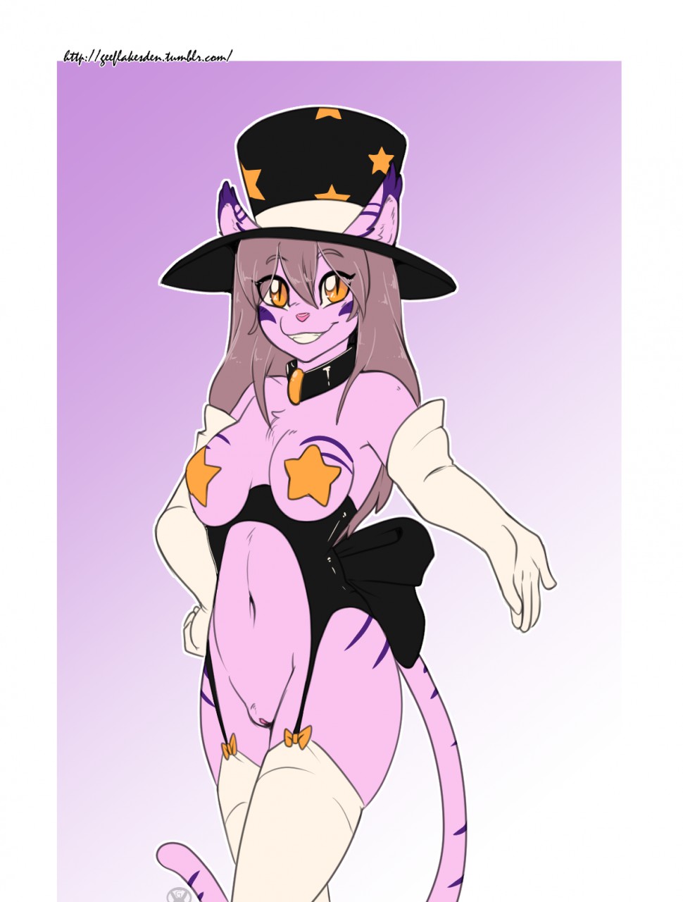 2017 anthro armwear arnachy bottomless breasts brown_hair casual_exposure clothed clothing collar elbow_gloves eyebrows eyelashes feline female fur garter gloves gradient_background hair hand_on_hip hat humanoid_hands ineffective_clothing legwear long_hair looking_at_viewer magenta_johnson magician mammal multicolored_fur navel orange_eyes pasties pink_fur pink_nose pink_pussy purple_background purple_fur purple_stripes pussy ribbons simple_background skimpy slim slit_pupils smile solo standing star_pasties stockings striped_fur stripes teeth thigh_highs top_hat url
