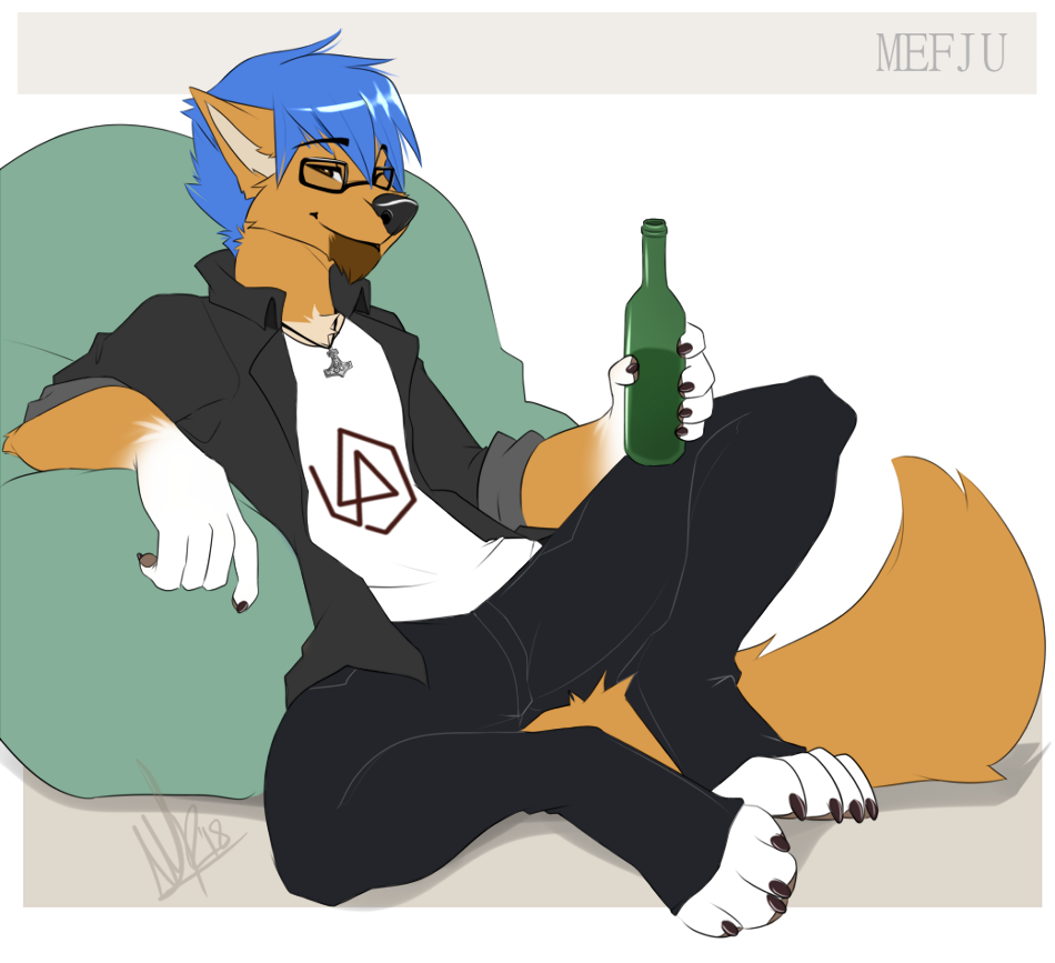 2018 5_fingers anthro black_nose blue_hair canine clothed clothing digital_media_(artwork) dog eyewear glasses hair male mammal sitting smile solo wolflady