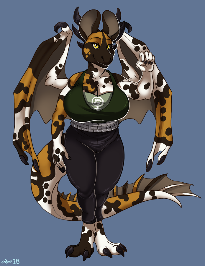 african_wild_dog anthro big_breasts breasts canine clothed clothing dbd dragon female horn hybrid looking_at_viewer mammal solo standing wings