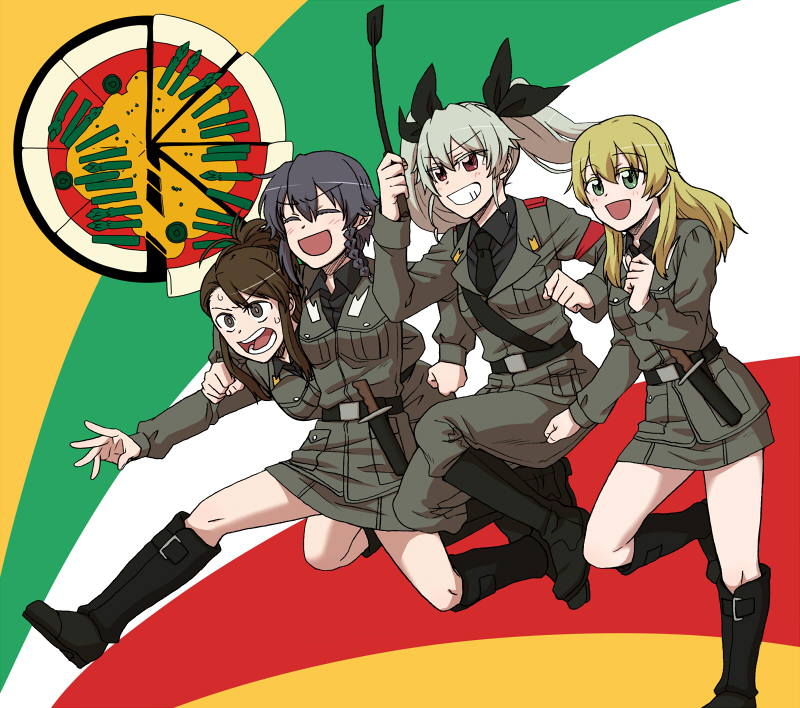 :d amaretto_(girls_und_panzer) anchovy anzio_(emblem) anzio_military_uniform arm_around_neck asymmetrical_bangs bangs belt black_belt black_footwear black_hair black_neckwear black_ribbon black_shirt blonde_hair boots braid brown_eyes brown_hair carpaccio clenched_hand clenched_hands commentary_request dress_shirt drill_hair emblem eyebrows_visible_through_hair flag_background frown girls_und_panzer green_eyes green_hair grey_jacket grey_pants grey_skirt grin hair_ribbon holding italian_flag jacket jumping knee_boots knife leg_up long_hair long_sleeves looking_to_the_side military military_uniform miniskirt multiple_girls necktie open_mouth pants partial_commentary pencil_skirt pepperoni_(girls_und_panzer) red_eyes ribbon riding_crop running sam_browne_belt shirt short_hair side_braid skirt smile standing standing_on_one_leg sweatdrop torinone twin_drills twintails uniform
