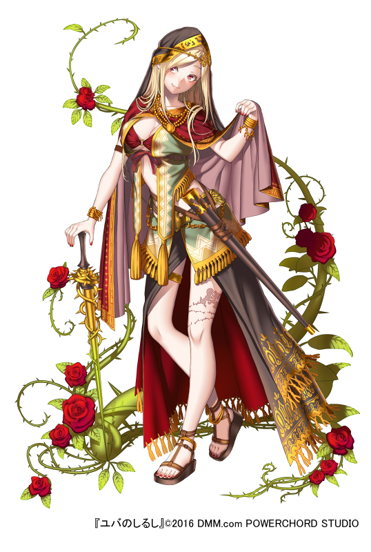 anklet blonde_hair blush bracelet breasts cape cleavage closed_mouth collarbone flower full_body hand_up head_tilt jewelry leg_tattoo long_hair looking_at_viewer medium_breasts mole mole_under_eye nail_polish necklace o-ring o-ring_bikini official_art pink_nails plant planted_weapon rapier red_bikini_top red_cape red_eyes red_flower rose sandals sheath simple_background smile solo standing sword tattoo thighlet thorns unsheathed veil vines waist_cape watermark weapon white_background yuba_no_shirushi zenmaibook