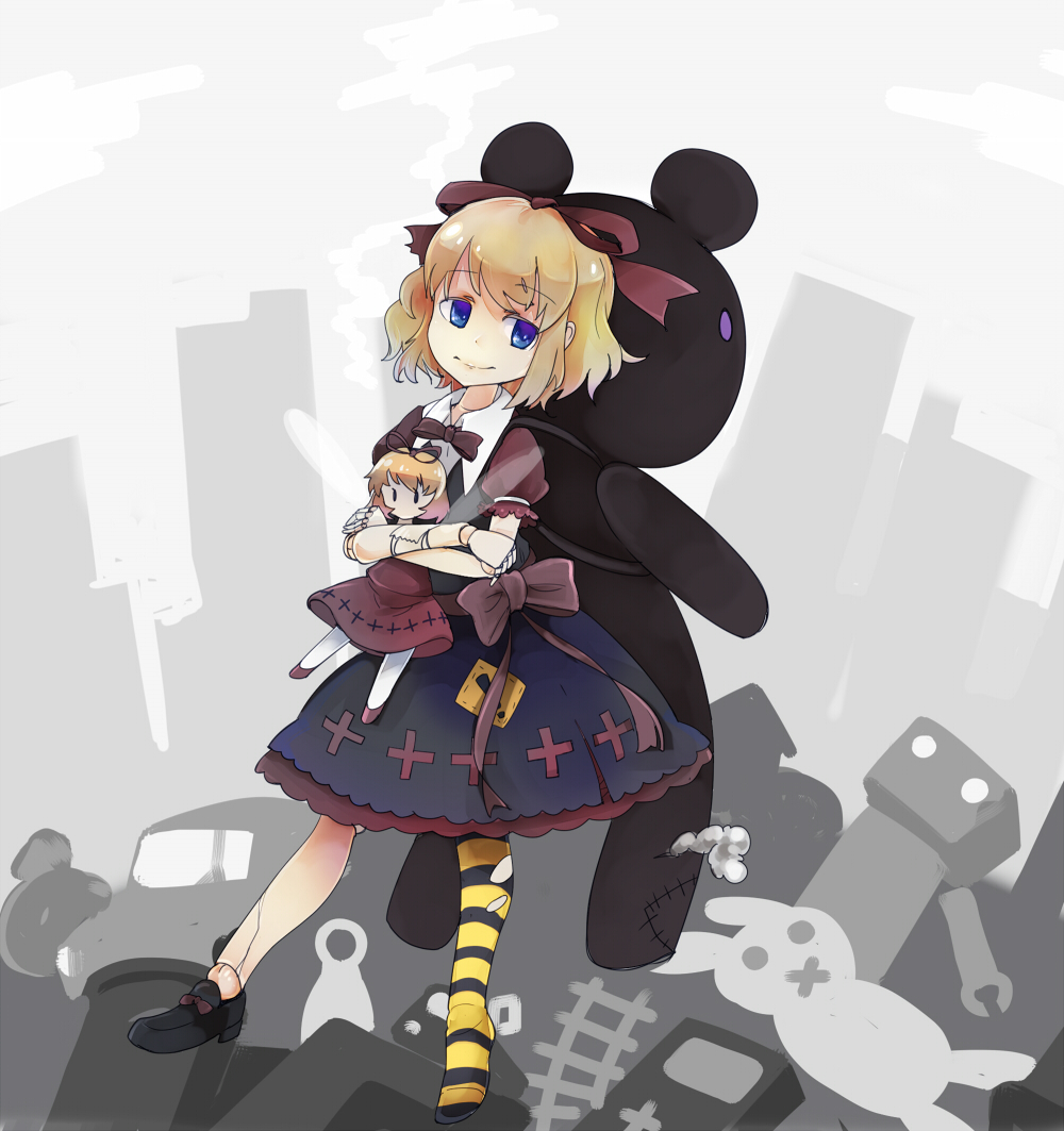 adapted_costume black_footwear black_legwear blonde_hair blue_eyes bow building car caution crack cracked_skin cross-laced_clothes doll doll_joints dot_pupils dress eyebrows_visible_through_hair fairy_wings frilled_dress frills game_boy ground_vehicle handheld_game_console holding holding_doll junk junkyard lolita_fashion medicine_melancholy mismatched_legwear motor_vehicle multiple_girls murani puffy_short_sleeves puffy_sleeves railroad_tracks red_bow red_frills red_legwear red_ribbon ribbon robot shoes short_sleeves sign single_shoe single_thighhigh size_difference smile striped striped_legwear stuffed_animal stuffed_bunny stuffed_toy stuffing su-san teddy_bear thighhighs torn_clothes torn_legwear touhou warning_sign white_collar white_legwear wings yellow_legwear