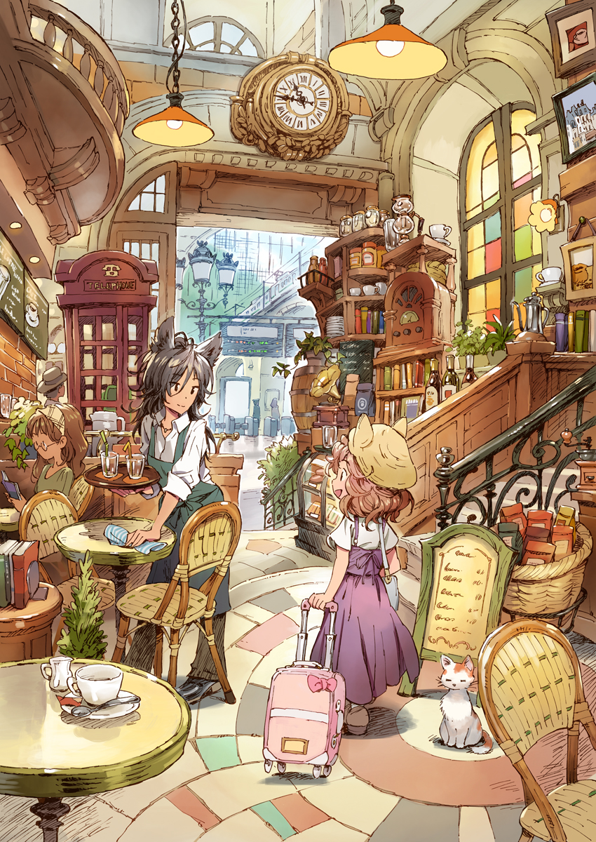 1boy 3girls animal_ears animal_hat bag barrel basket black_hair book bottle cafe cat cat_ears chair child clock coffee_cup cup disposable_cup dress drink glass glasses graphite_(medium) ground_vehicle hairband handbag hat highres holding holding_book indoors lamp lamppost long_hair looking_to_the_side matsuda_(matsukichi) mechanical_pencil multiple_girls open_mouth original pencil phone_booth picture_(object) plant potted_plant radio rag railing reading restaurant scenery sign smile stairs straw suitcase table teapot traditional_media train train_station waitress