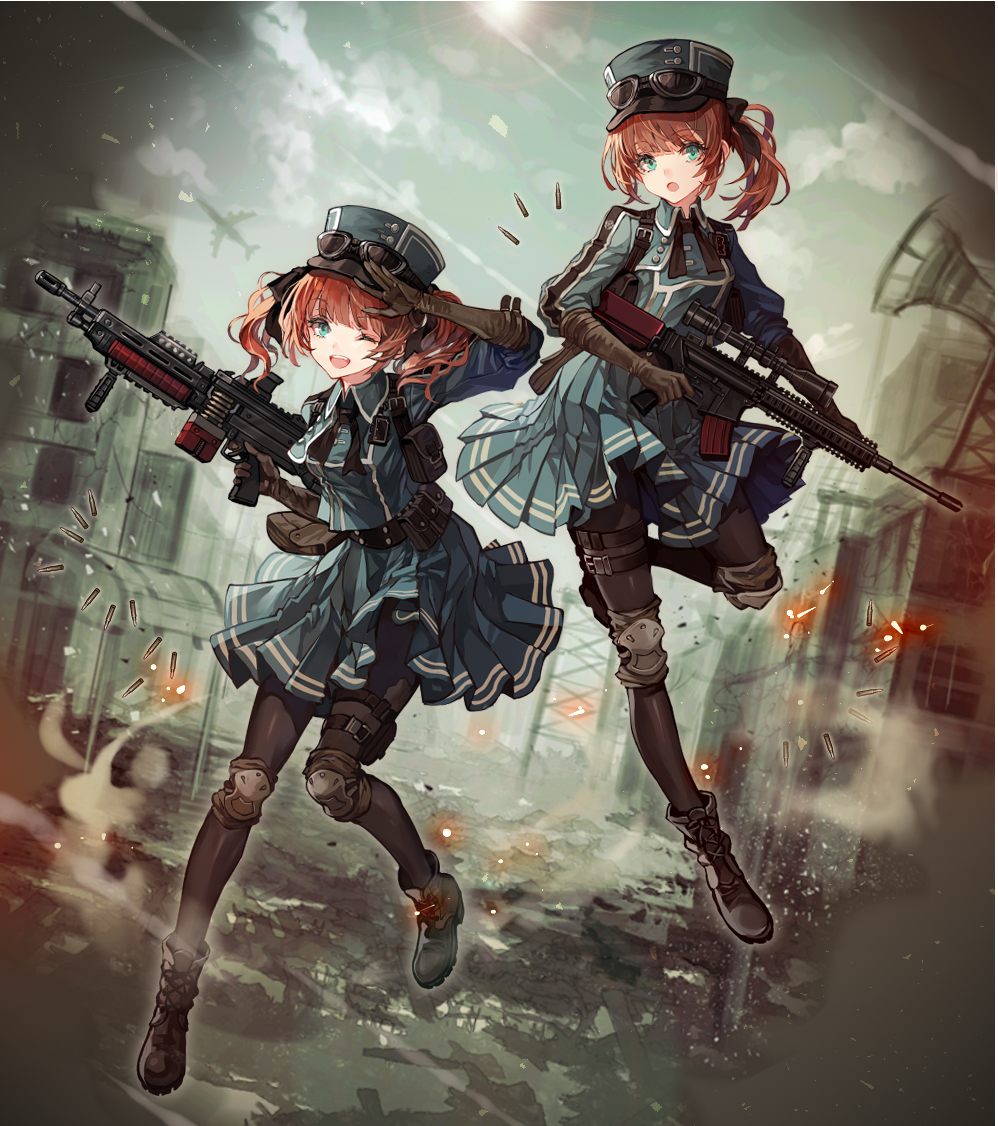:o ;d aqua_eyes ar-15 bullet commentary gloves goggles goggles_on_headwear gun hat holding holding_gun holding_weapon knee_pads light_machine_gun m249 machine_gun military military_hat military_uniform multiple_girls one_eye_closed open_mouth orange_eyes original pantyhose rifle salute senano-yu siblings side_ponytail sisters smile sniper_rifle twins twintails uniform weapon