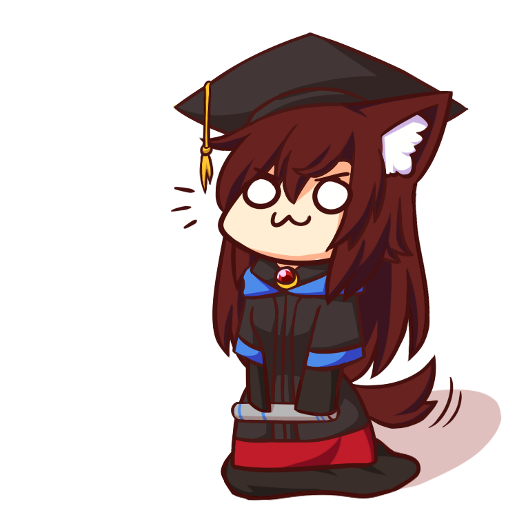 1girl :3 animal_ear_fluff animal_ears bangs brooch brown_hair chibi closed_mouth diploma full_body graduation hat imaizumi_kagerou jewelry long_hair long_sleeves mortarboard o_o solo standing tail tail_wagging touhou v-shaped_eyebrows wolf_ears wolf_tail wool_(miwol)