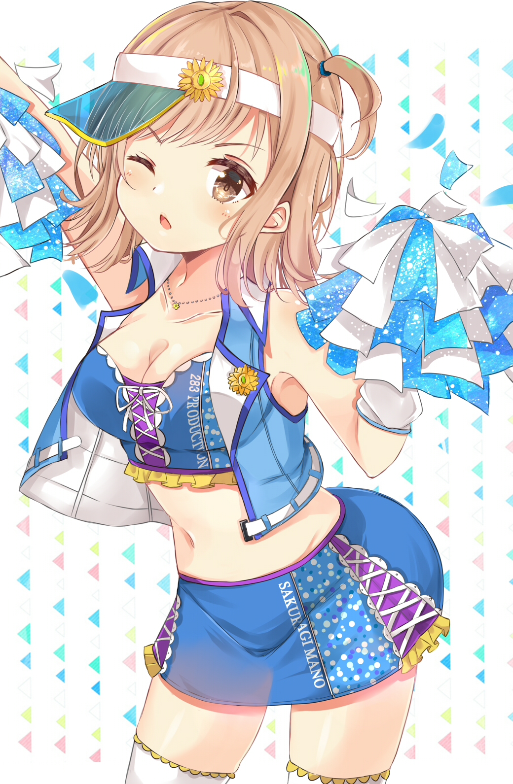 amidada arm_up bangs bare_shoulders blue_skirt blue_vest blush breasts cheerleader cleavage collarbone commentary_request cowboy_shot crop_top eyebrows_visible_through_hair flower gloves highres holding idolmaster idolmaster_shiny_colors light_brown_hair looking_at_viewer medium_breasts midriff navel one_eye_closed one_side_up open_clothes open_vest outstretched_arm parted_lips pom_poms sakuragi_mano skirt solo thighhighs v-shaped_eyebrows vest visor_cap white_background white_gloves white_legwear yellow_flower zettai_ryouiki