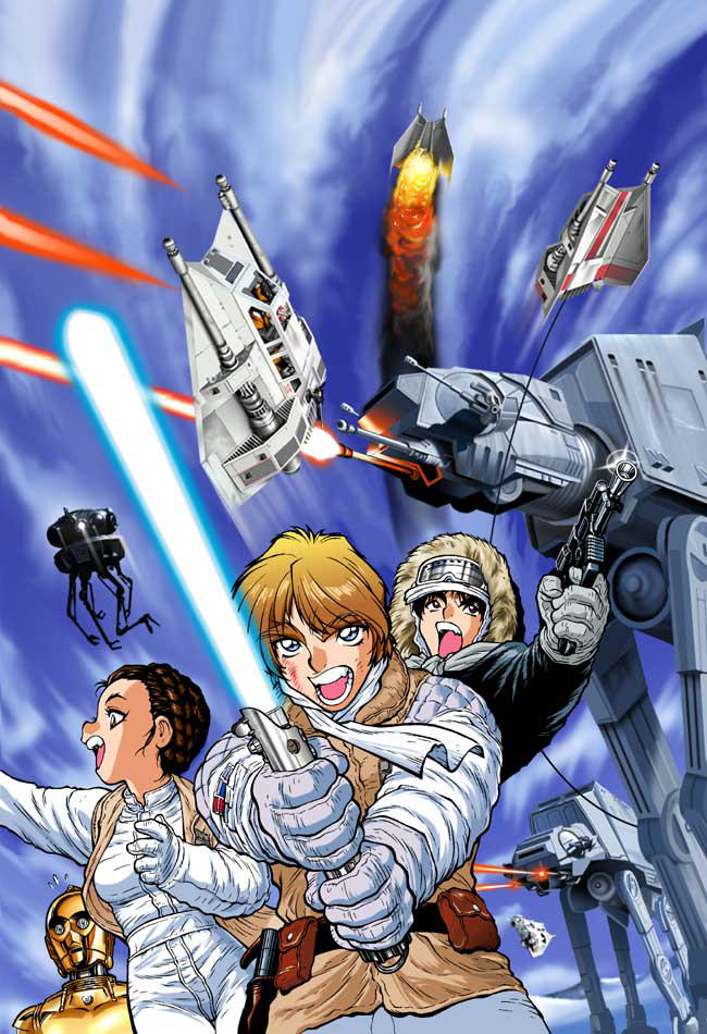 90s adam_warren aiming at-at battle belt black_eyes blonde_hair blue_eyes brown_hair c-3po cable collaboration cover damaged droid energy_beam energy_cannon energy_gun energy_sword fighting_stance fire floating flying gloves goggles han_solo hat hoth jacket jedi jedi_knight joewight lightsaber luke_skywalker mecha multiple_boys official_art princess_leia_organa_solo probe_droid promotional_art ray_gun rebel_pilot robot scared scarf science_fiction shiny shouting skirt snow snowspeeder space_craft star_wars star_wars_manga starfighter sword vest walker weapon
