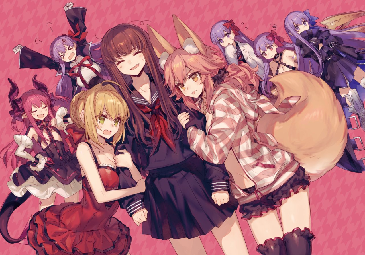 &gt;_&lt; :d animal_ears arm_hug arms_up bb_(fate)_(all) bb_(fate/extra_ccc) blonde_hair brown_hair chocoan closed_eyes double_arm_hug dress elizabeth_bathory_(fate) elizabeth_bathory_(fate)_(all) fate/extra fate/extra_ccc fate_(series) flying_sweatdrops fox_girl girl_sandwich hood hoodie horns hug kishinami_hakuno_(female) long_hair meltlilith midriff multiple_girls navel nero_claudius_(fate) nero_claudius_(fate)_(all) open_mouth passion_lip pink_hair purple_hair sailor_dress sandwiched school_uniform shorts smile tail tamamo_(fate)_(all) tamamo_no_mae_(fate) thighhighs wavy_mouth