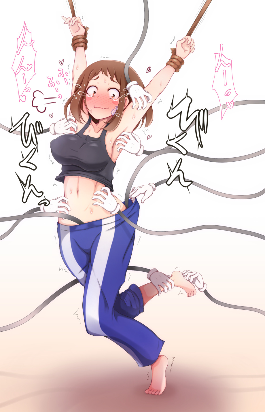 1girl armpits arms_up bare_shoulders barefoot bdsm black_shirt blue_pants blush blush_stickers boku_no_hero_academia bondage bound breasts brown_eyes brown_hair closed_mouth collarbone constricted_pupils crop_top erect_nipples feet female flying_sweatdrops foot_tickling full_body hand_under_clothes heart highres japanese_text leg_up mechanical_arm medium_breasts midriff navel nobiiru_arm nose_blush pants parity rope shirt short_hair sleeveless sleeveless_shirt smile solo spoken_heart standing standing_on_one_leg sweat tears tickling toes translation_request trembling uraraka_ochako wavy_mouth white_background