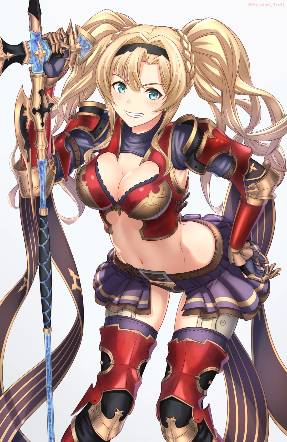 armor bangs belt black_hairband blonde_hair blue_eyes blush braid breasts buckle cleavage commentary_request crown_braid futami_(mg42fw190d) gauntlets granblue_fantasy grin groin hair_between_eyes hair_ornament hairband highres holding holding_weapon large_breasts leaning_forward long_hair looking_at_viewer navel open_clothes open_skirt pauldrons pleated_skirt purple_skirt sidelocks skirt smile solo stomach thighhighs twintails twitter_username weapon zeta_(granblue_fantasy)