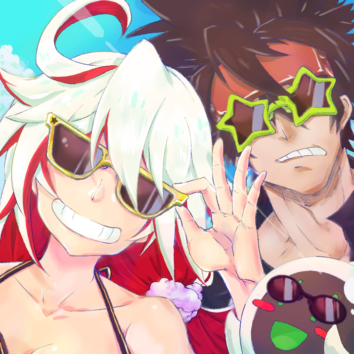 1boy 1girl black_hair blush_stickers day familiar forehead_protector glasses grin group_picture guilty_gear guilty_gear_xrd jack-o'_valentine opaque_glasses pose red_hair shimizu_shirube smile sol_badguy spaghetti_strap star-shaped_eyewear sunglasses yellow-framed_eyewear