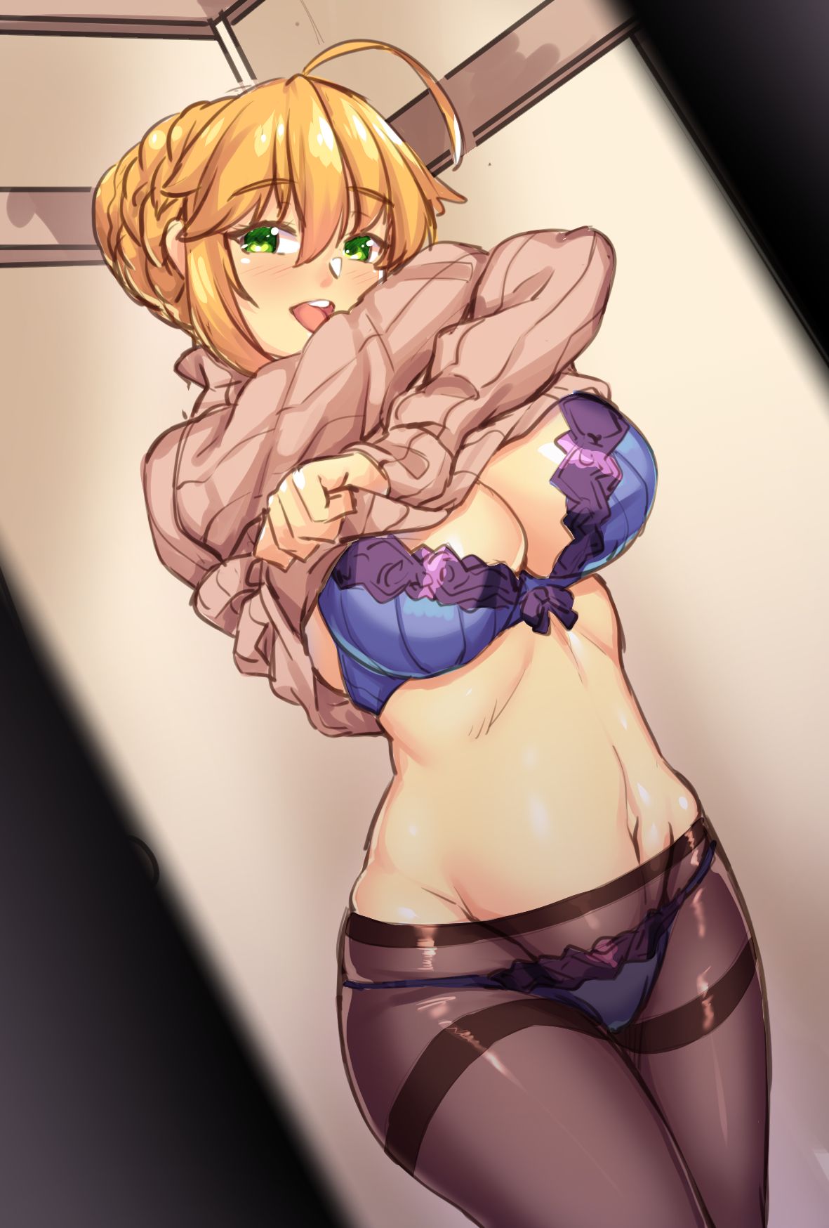 ahoge artoria_pendragon_(all) artoria_pendragon_(lancer) bangs black_legwear blonde_hair blue_bra blue_panties blush bra braid breasts brown_sweater cleavage commentary_request dutch_angle eyebrows_visible_through_hair fate/grand_order fate_(series) green_eyes hair_between_eyes highres indoors lace lace-trimmed_bra large_breasts long_sleeves looking_at_viewer navel open_mouth panties panties_under_pantyhose pantyhose ribbed_sweater shirokuma_a smile solo standing stomach sweater thighband_pantyhose underwear undressing