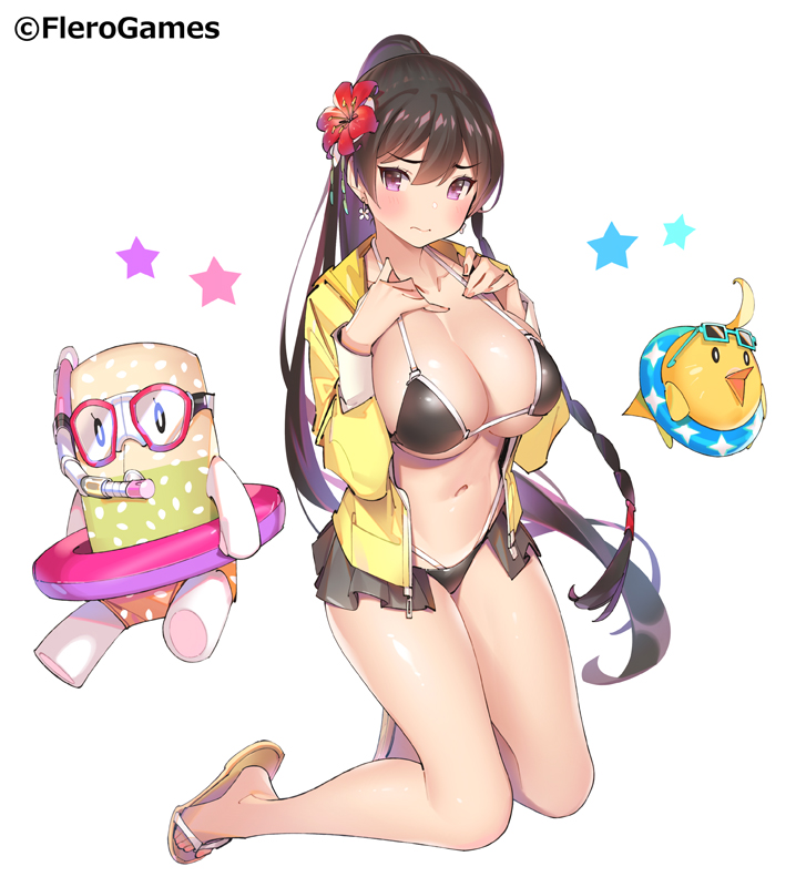 3: bikini black_bikini black_hair blush breasts cleavage commentary_request company_name cuisine_dimension earrings flip-flops full_body hands_on_own_chest jacket jewelry kneeling large_breasts layered_bikini long_hair long_sleeves looking_at_viewer navel open_clothes open_jacket ponytail pop_kyun purple_eyes sandals simple_background solo string_bikini swimsuit tan tanline very_long_hair white_background