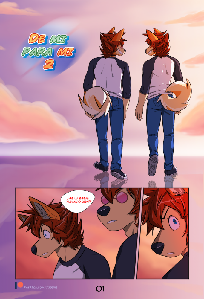 anthro beach biped canine clothed clothing cloud comic dog duo eyewear footwear fully_clothed fur glasses hair jeans male mammal outside pants sea seaside shirt shoes sky spanish_text square_crossover text walking water yuguni yuguni_(character)