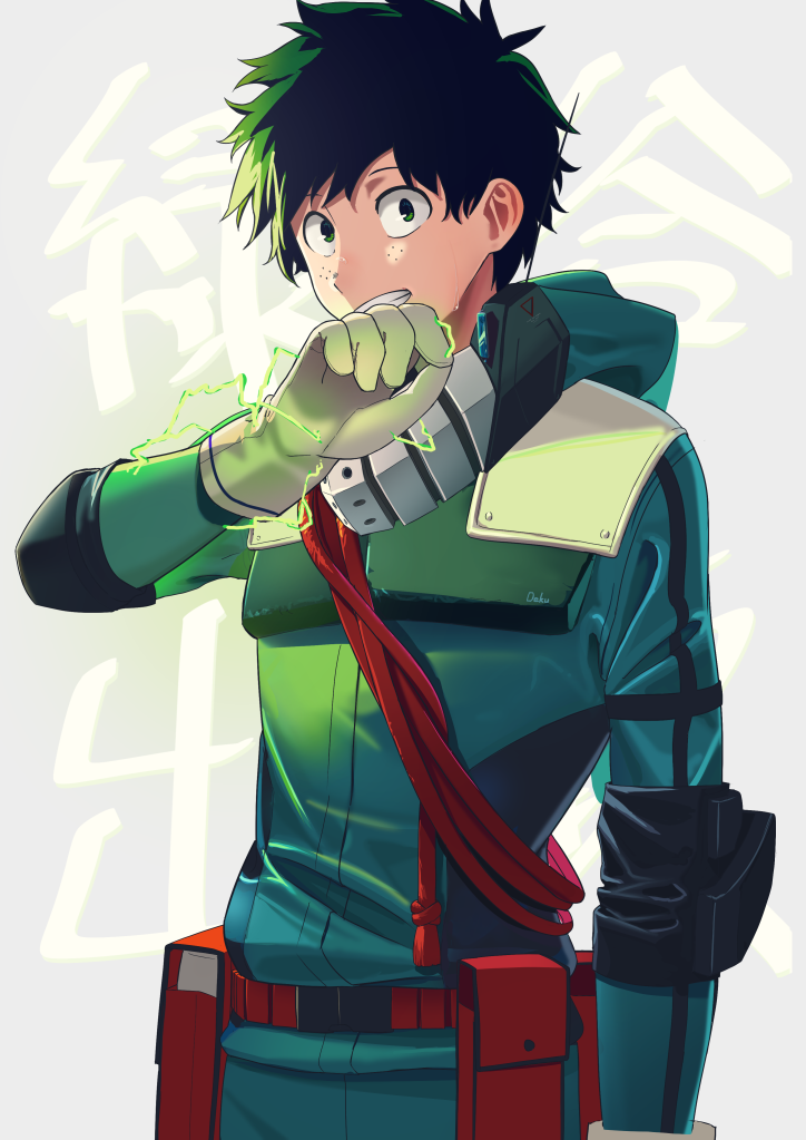 belt bodysuit boku_no_hero_academia commentary_request freckles gloves green_eyes green_hair grey_background long_sleeves looking_at_viewer male_focus midoriya_izuku poligon_(046) pouch smile solo sparks standing white_gloves