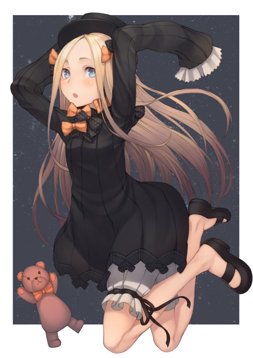 abigail_williams_(fate/grand_order) arms_up bangs banned_artist black_bow black_dress black_footwear black_hat blonde_hair bloomers blue_eyes blush bow bug butterfly commentary_request dress fate/grand_order fate_(series) forehead full_body hair_bow hat insect kyoeiki long_hair long_sleeves looking_at_viewer mary_janes orange_bow parted_bangs parted_lips polka_dot polka_dot_bow shoes sleeves_past_fingers sleeves_past_wrists solo stuffed_animal stuffed_toy teddy_bear underwear very_long_hair white_bloomers