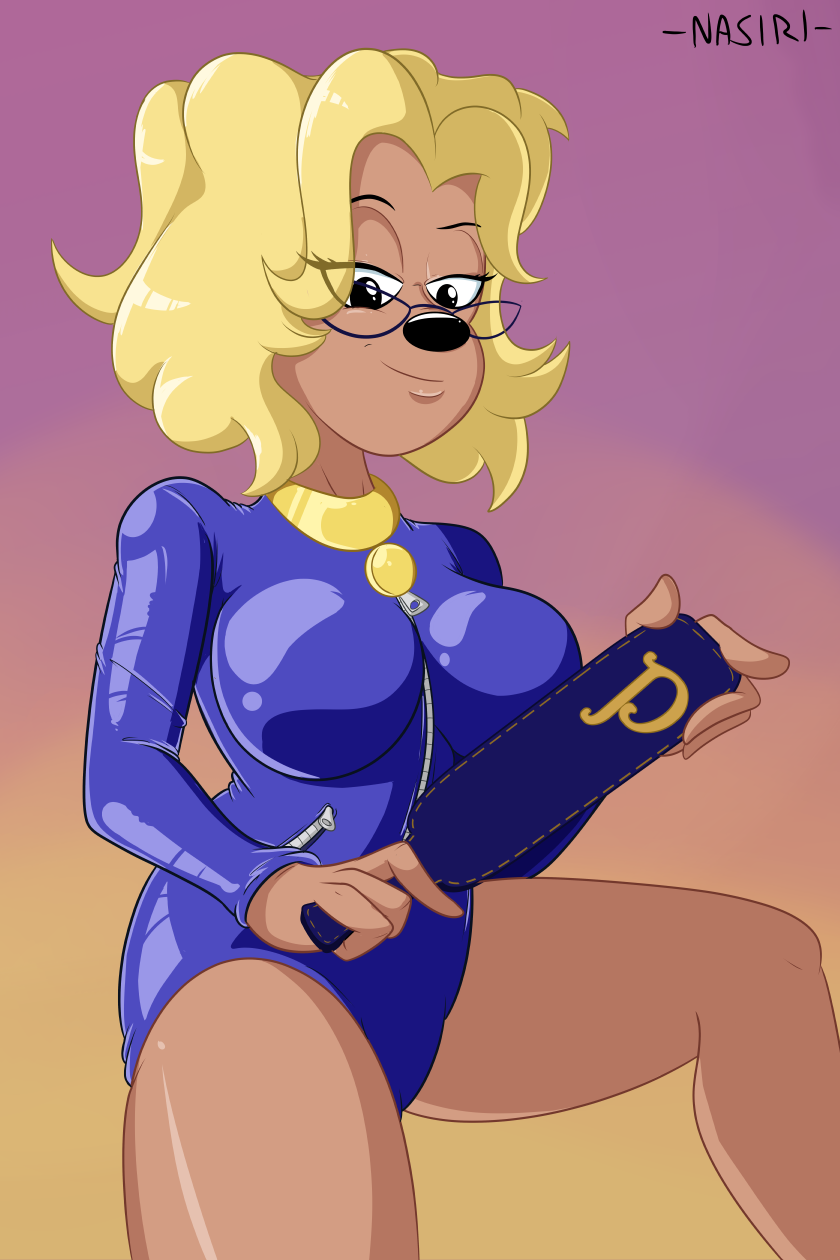 4_fingers anthro blonde_hair breasts canine collar disney domination dominatrix eyewear female female_domination glasses goof_troop hair invalid_color invalid_tag jewelry looking_at_viewer mammal ms._pennypacker nasiri_(artist) paddle rubber zipper