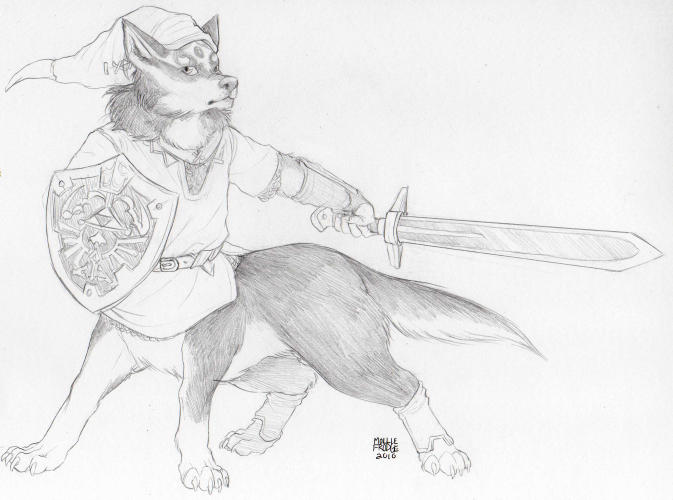 2010 belt bottomless canine canine_taur chest_tuft clothed clothing fluffy fluffy_tail fur gnomeliberator grey_fur hat link link_(wolf_form) mammal melee_weapon monochrome multicolored_fur nintendo partially_clothed pencil_(artwork) shield signature simple_background standing sword taur the_legend_of_zelda traditional_media_(artwork) tuft two_tone_fur video_games weapon white_background white_fur wolf wolf_taur