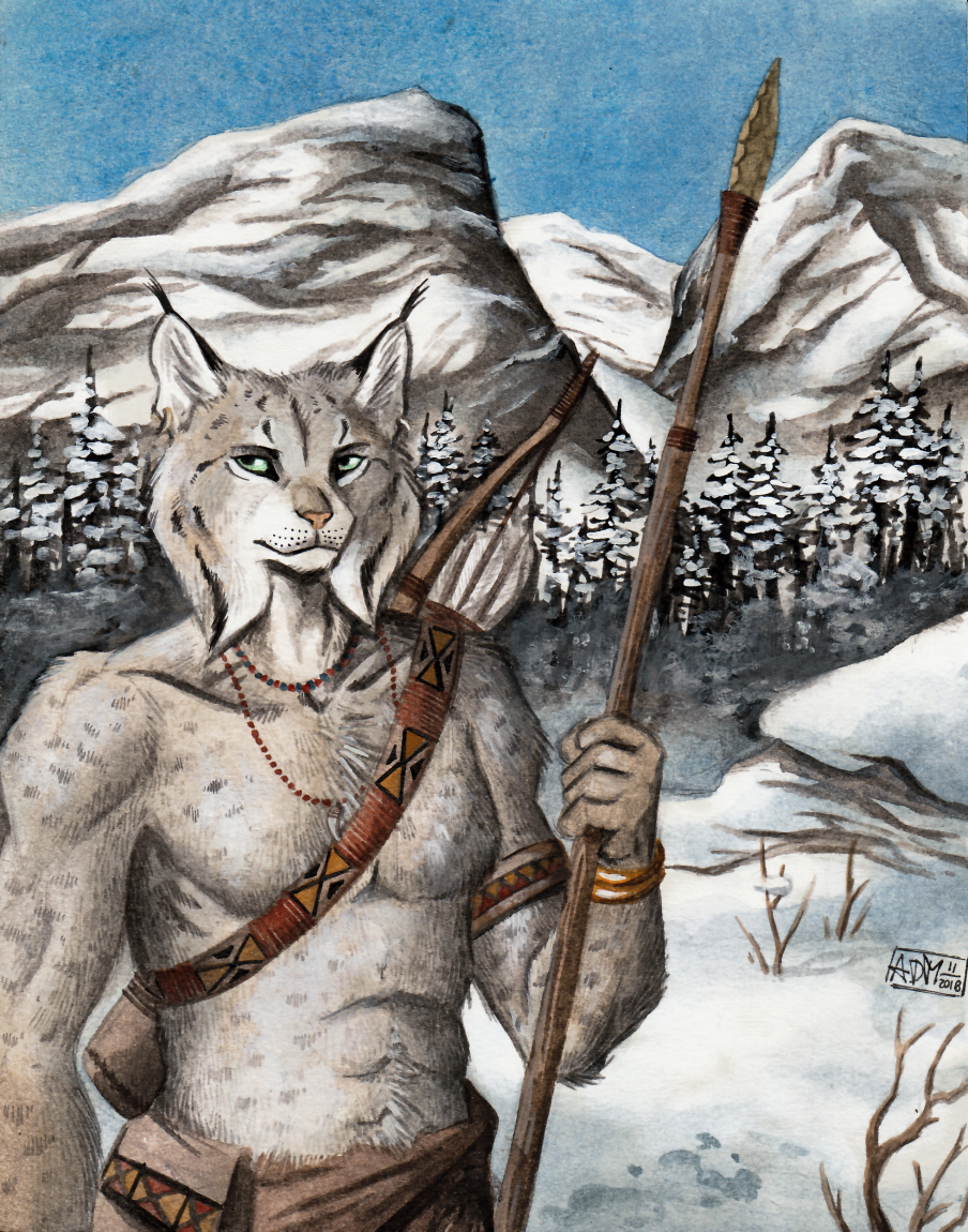 0laffson 2018 anthro bow day detailed_background feline fur grey_fur holding_object holding_weapon lynx male mammal outside pink_nose sitting sky solo spare weapon