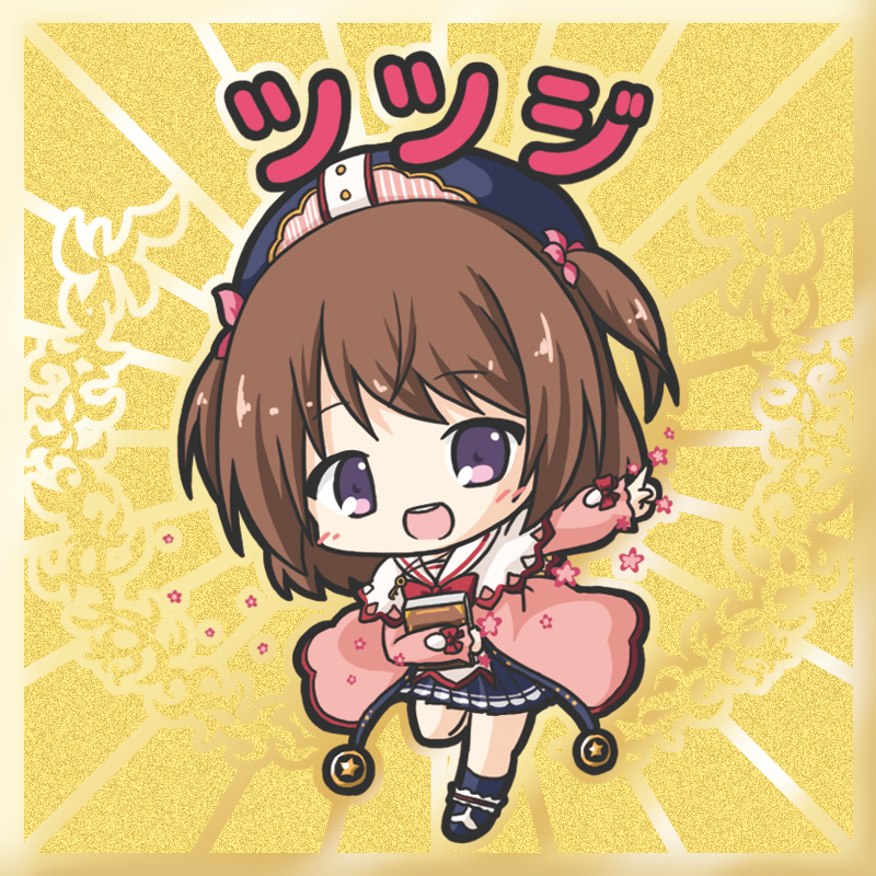 :d bangs bikkuriman_(style) blue_footwear blue_hat blue_legwear blue_skirt blush boots border bow brown_border brown_hair capelet character_name chibi eyebrows_visible_through_hair flower_knight_girl hat head_tilt index_finger_raised kneehighs long_hair long_sleeves looking_at_viewer object_hug open_mouth outstretched_arm parody pleated_skirt puffy_long_sleeves puffy_sleeves purple_eyes red_bow rinechun round_teeth shoes skirt smile solo standing standing_on_one_leg teeth tsutsuji_(flower_knight_girl) two_side_up upper_teeth white_capelet