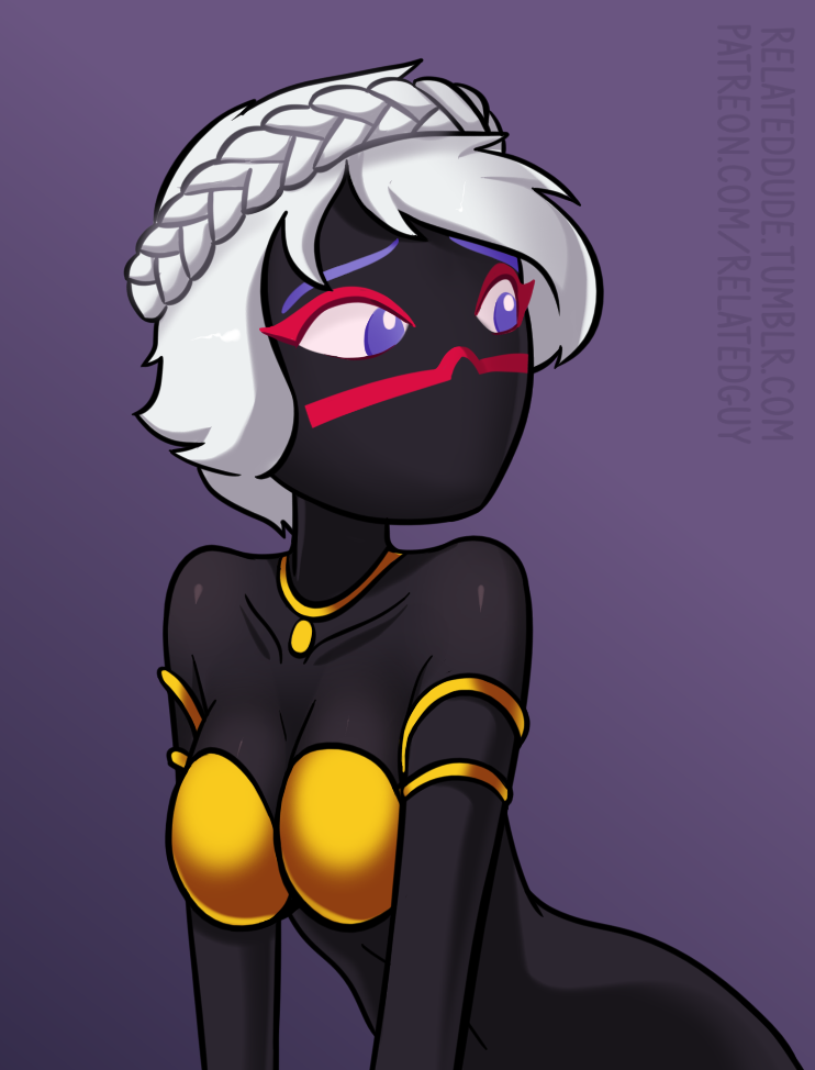 2018 alien black_skin blue_eyes breasts cleavage clothed clothing digital_media_(artwork) duck_dodgers female hair humanoid martian not_furry portrait queen_tyr'ahnee relatedguy simple_background skimpy solo warner_brothers white_hair