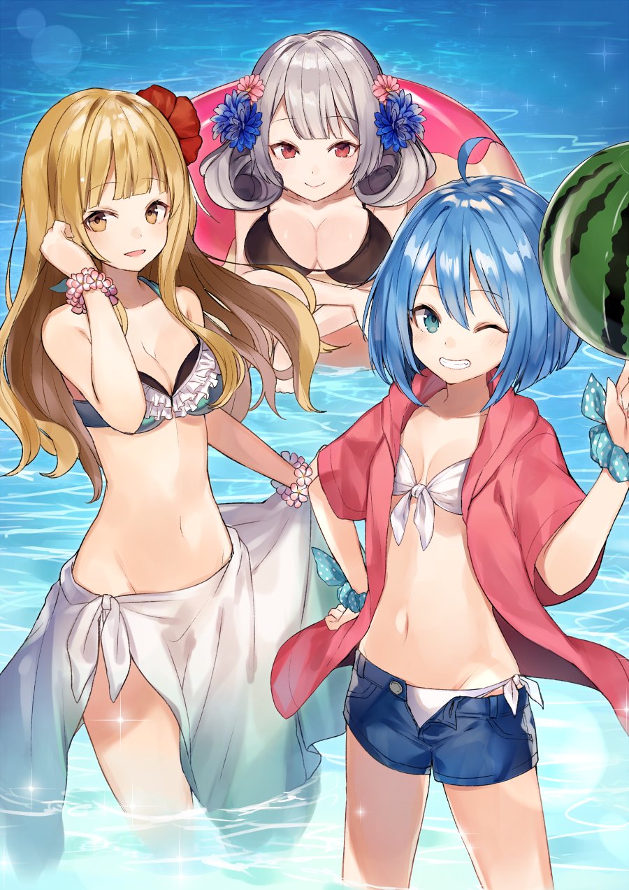 :d ahoge aqua_eyes bikini black_bikini_top blonde_hair blue_flower blue_hair blue_scrunchie blue_shorts blush breasts cleavage copyright_request day dil_brad el_swit eyebrows_visible_through_hair floating_hair flower food front-tie_bikini front-tie_top fruit grin groin hair_flower hair_ornament hand_in_hair hibiscus highres hood hood_down hooded_jacket innertube jacket large_breasts lens_flare long_hair looking_at_viewer medium_breasts multiple_girls navel one_eye_closed open_clothes open_jacket open_mouth open_shorts outdoors petals pink_flower polka_dot polka_dot_scrunchie red_eyes red_flower red_jacket scrunchie sei_lili shiny shiny_hair short_hair short_shorts shorts shugao silver_hair skirt_hold small_breasts smile sparkle swimsuit very_long_hair wading water watermelon white_bikini white_polka_dots wrist_scrunchie yellow_eyes