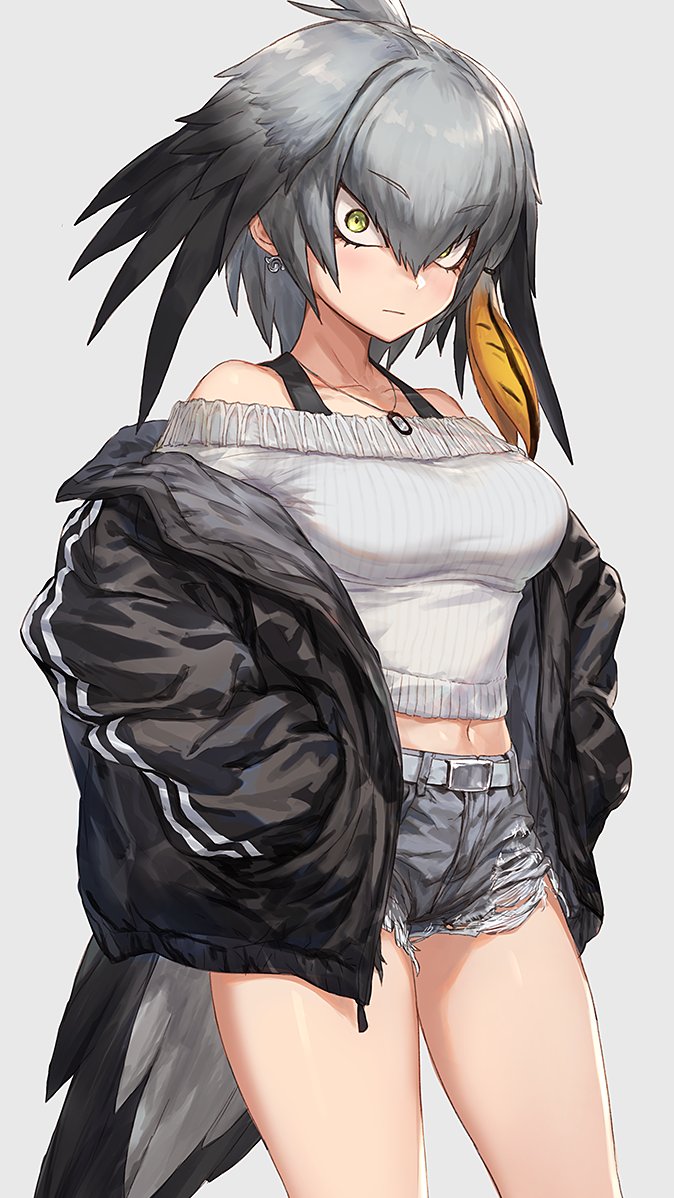 alternate_costume bangs bare_legs bare_shoulders belt bird_tail black_hair bra_strap breasts casual closed_mouth collarbone commentary contemporary contrapposto cowboy_shot crop_top dog_tags earrings eyebrows_visible_through_hair green_eyes grey_background grey_hair grey_shorts guchico hair_between_eyes hands_in_pockets jacket japari_symbol jewelry kemono_friends long_hair long_sleeves looking_at_viewer low_ponytail medium_breasts midriff multicolored_hair navel necklace off-shoulder_sweater off_shoulder open_clothes open_jacket orange_hair pocket ribbed_sweater shoebill_(kemono_friends) shorts side_ponytail sidelocks simple_background solo standing staring stomach sweater tail_feathers taut_clothes taut_sweater thighs torn_clothes torn_shorts track_jacket unzipped wide-eyed zipper zipper_pull_tab