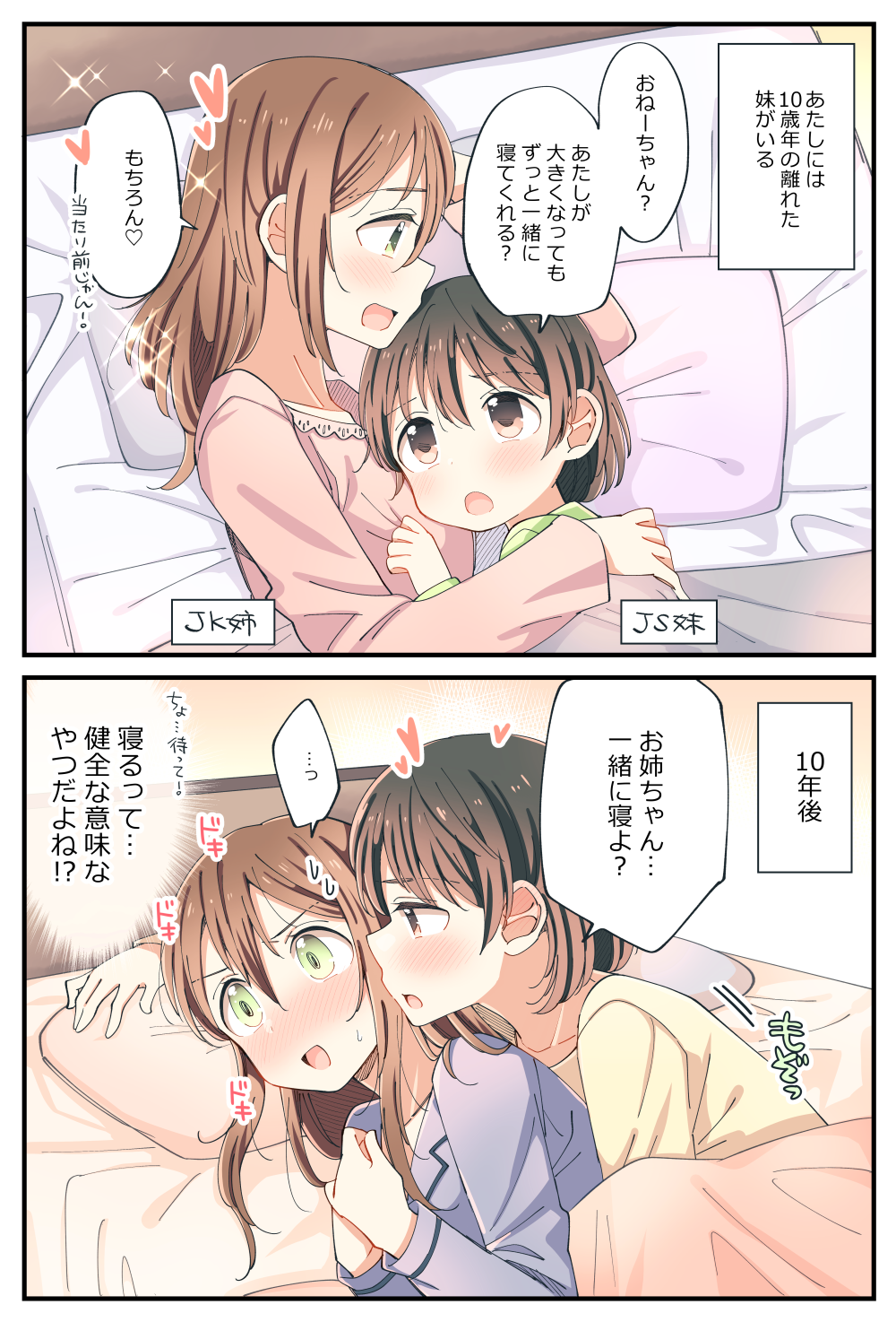 2koma age_difference age_progression bangs bed blanket blush brown_hair comic commentary_request green_eyes hachiko_(hati12) hair_between_eyes highres hug incest long_hair long_sleeves looking_at_another lying multiple_girls on_side open_mouth original pajamas pillow short_hair siblings sisters sparkle translated upper_body yuri