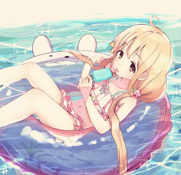 afloat ahoge bikini blonde_hair brown_eyes commentary_request food frilled_bikini frills futaba_anzu greatpengh idolmaster idolmaster_cinderella_girls long_hair low_twintails partially_submerged pink_bikini popsicle solo swimsuit twintails water