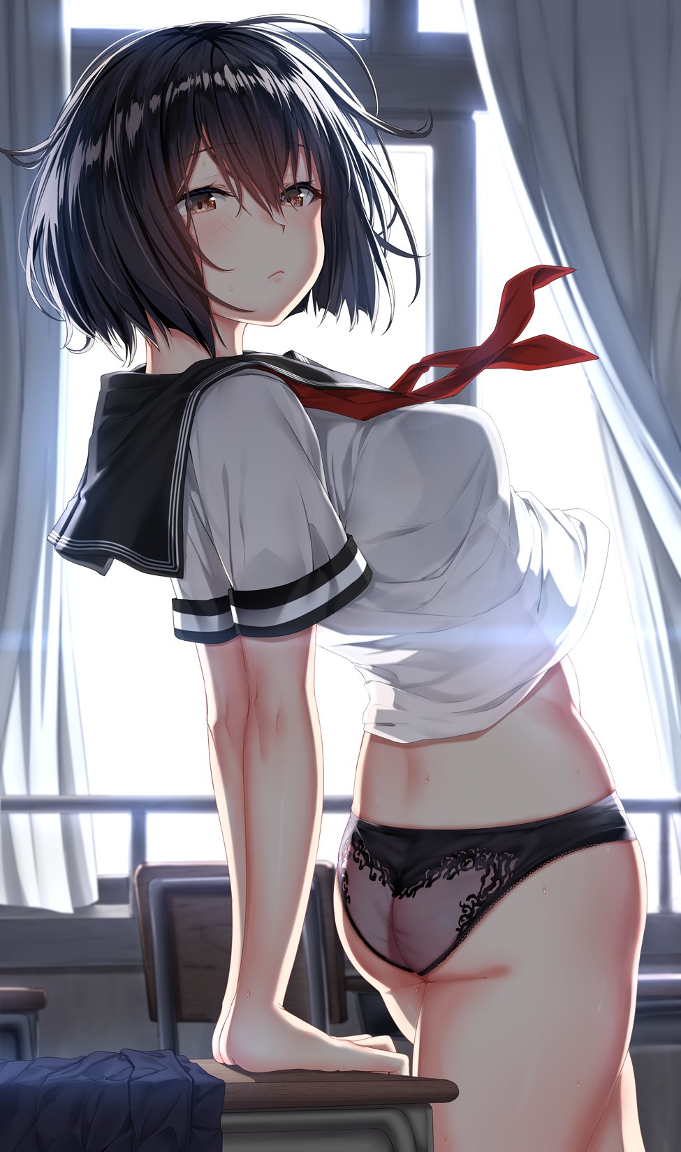 arms_behind_back ass bangs black_hair black_panties blue_skirt blush breasts brown_eyes classroom closed_mouth commentary_request curtains day desk eyebrows_visible_through_hair hair_between_eyes highres jaku_denpa large_breasts leaning_back lingerie looking_at_viewer neckerchief original panties pleated_skirt red_neckwear sailor_collar school school_uniform shiny shiny_skin shirt shirt_lift short_sleeves skindentation skirt skirt_removed solo sunlight sweat tareme underwear undone_neckerchief white_shirt wind wind_lift window