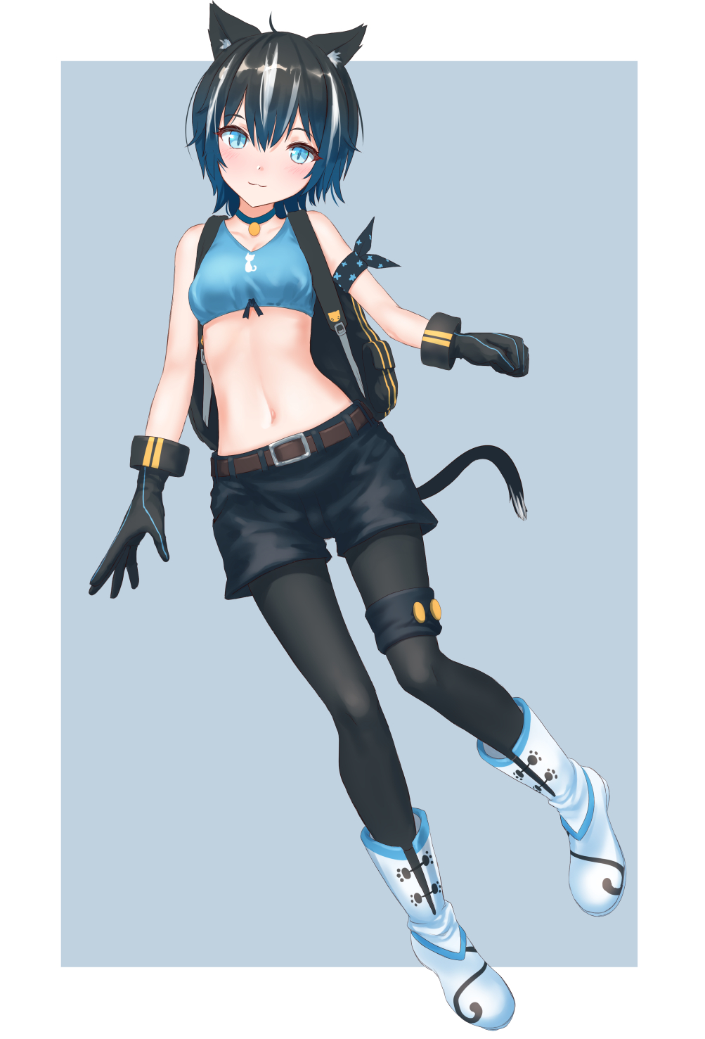 1girl :3 animal_ear_fluff animal_ears arm_ribbon backpack bag bangs bare_arms bare_shoulders belt black_gloves black_hair black_legwear black_ribbon black_shorts blue_background blue_choker blue_eyes boots border breasts brown_belt cat_ears cat_tail choker collarbone commentary_request crop_top eyebrows_visible_through_hair full_body gloves hair_between_eyes head_tilt highres looking_at_viewer medium_breasts midriff multicolored_hair navel original outside_border pantyhose ribbon roke_(taikodon) short_hair short_shorts shorts simple_background sleeveless slit_pupils smile solo stomach streaked_hair tail thigh_strap thighs white_border white_footwear white_hair