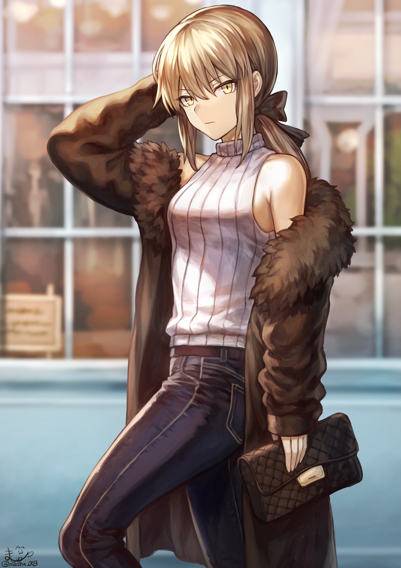 artoria_pendragon_(all) bag bangs bare_shoulders belt black_ribbon blonde_hair blurry blurry_background breasts brown_coat coat commentary day denim expressionless eyebrows_visible_through_hair fate/grand_order fate_(series) fur-trimmed_coat fur_trim hair_between_eyes hair_ribbon handbag highres holding_purse jeans leg_up long_coat long_hair looking_at_viewer mashu_003 medium_breasts off_shoulder open_clothes open_coat outdoors pants pose ribbon saber_alter sidelocks signature solo standing standing_on_one_leg sweater sweater_vest turtleneck turtleneck_sweater twitter_username white_sweater yellow_eyes