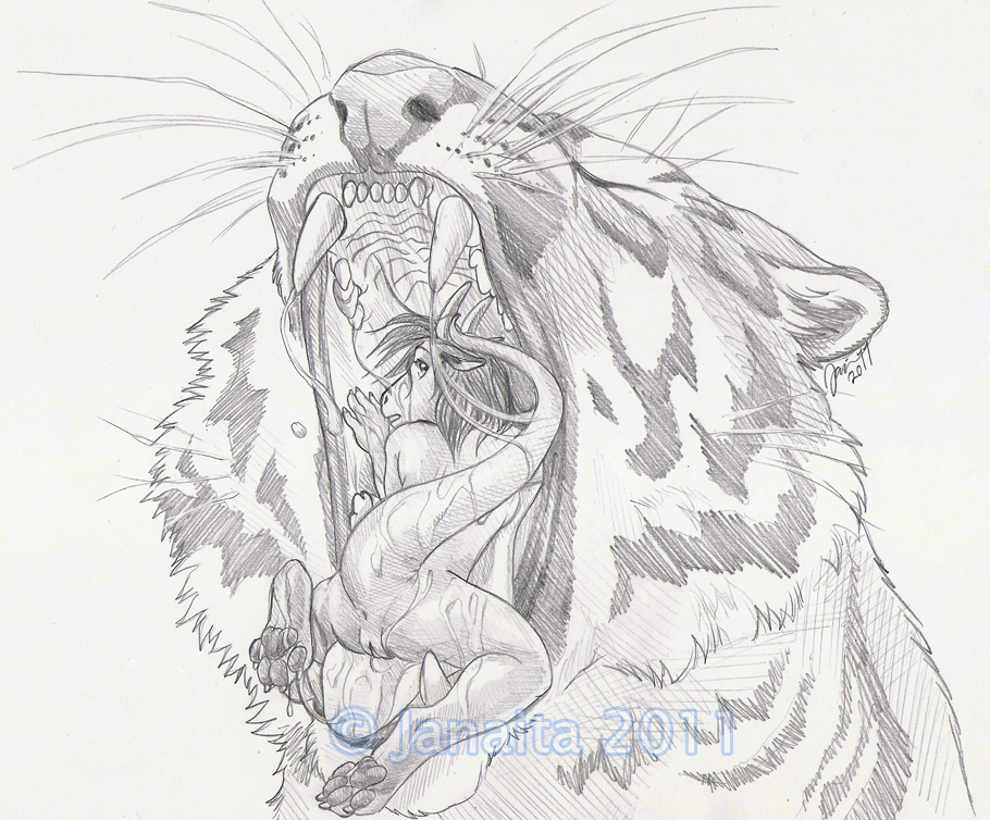 2011 ambiguous_gender anthro anus dragon duo eyes_closed feline female feral gaping_mouth inside_mouth janaita looking_back mammal monochrome nude oral_vore pencil_(artwork) pussy raised_tail saliva sera simple_background soft_vore tiger traditional_media_(artwork) vore watermark whiskers white_background