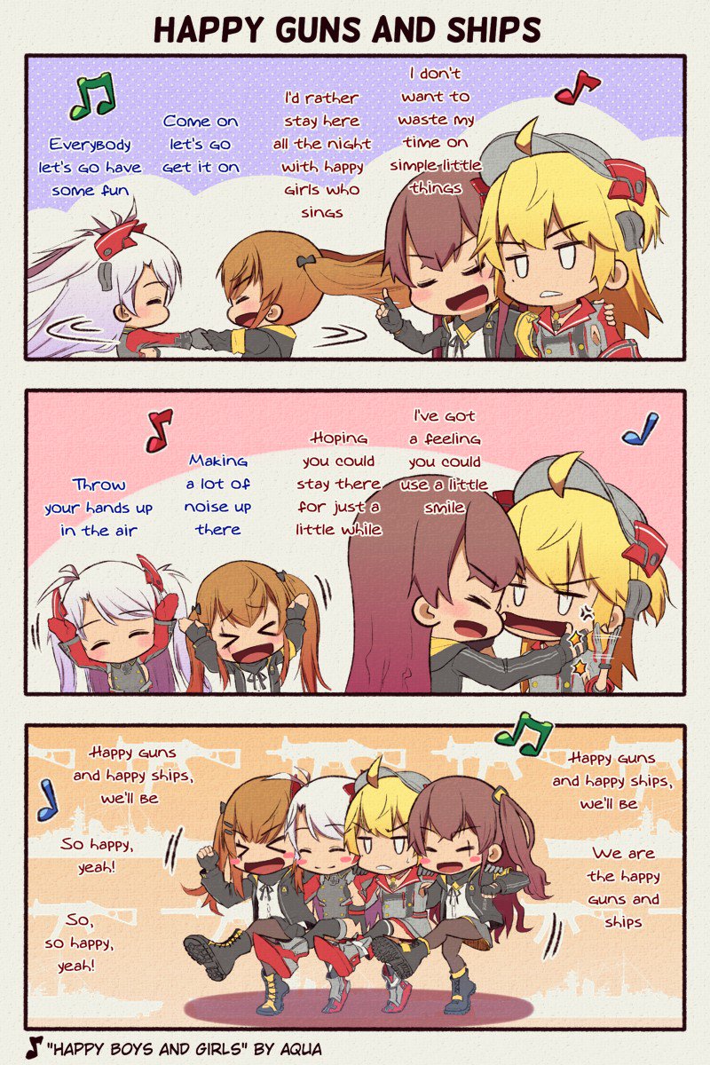 &gt;_&lt; 4girls admiral_hipper_(azur_lane) anger_vein angry antenna_hair arms_up azur_lane bangs beamed_eighth_notes blonde_hair boots brown_hair comic commentary_request crossover dancing eighth_note english english_commentary eyebrows_visible_through_hair fingerless_gloves girls_frontline gloves gun h&amp;k_ump hair_between_eyes hair_ornament hairclip hand_on_another's_cheek hand_on_another's_face happy hat headgear heckler_&amp;_koch highres jacket long_hair mole mouth_pull multicolored_hair multiple_girls music musical_note open_mouth prinz_eugen prinz_eugen_(azur_lane) quarter_note red_gloves red_hair ribbon scar scar_across_eye ship silver_hair singing skirt slapping smile spinning streaked_hair stretching_cheeks submachine_gun sweatdrop tweetdian twintails two_side_up ump45_(girls_frontline) ump9_(girls_frontline) watercraft weapon