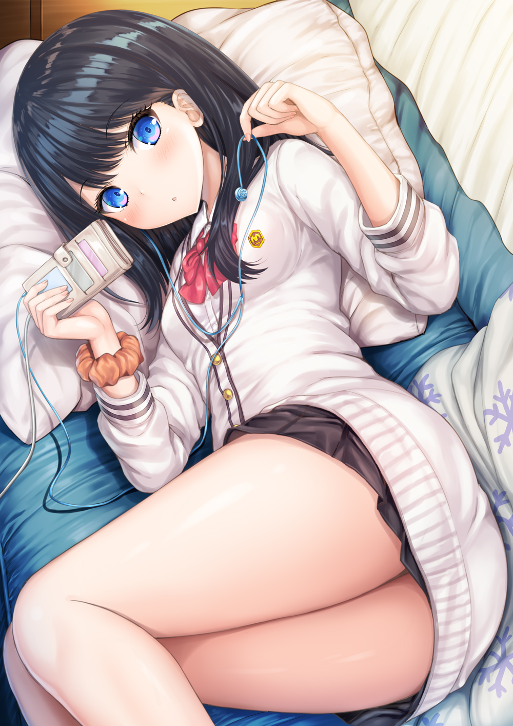 ass bangs black_hair black_skirt blue_eyes bow breasts cardigan commentary_request earbuds earphones eyebrows_visible_through_hair feet_out_of_frame fingernails hand_up highres holding long_hair long_sleeves lying on_side orange_scrunchie parted_lips pillow pleated_skirt red_bow scrunchie shirt skirt small_breasts snowflake_print solo ssss.gridman taiki_ken takarada_rikka white_cardigan white_shirt wrist_scrunchie