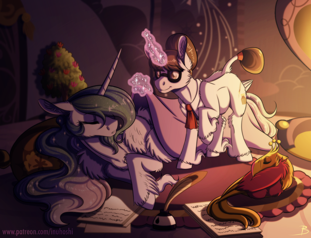 2018 avian bird equine eyewear feathers female friendship_is_magic glasses horn inkwell inuhoshi-to-darkpen loose_feather mammal my_little_pony paper philomena_(mlp) phoenix princess_celestia_(mlp) quill raven_(mlp) sleeping sparkles unicorn winged_unicorn wings