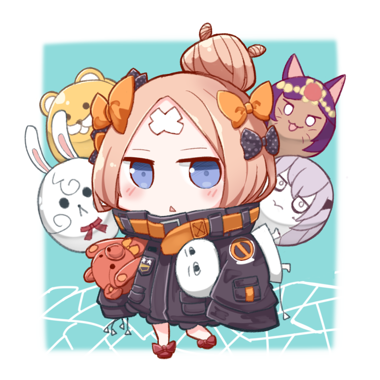 :&lt; abigail_williams_(fate/grand_order) bangs black_bow black_jacket blonde_hair blue_eyes blush bow chibi commentary_request crossed_bandaids fate/grand_order fate_(series) fou_(fate/grand_order) full_body gasuto_(kamikami) hair_bow hair_bun heroic_spirit_traveling_outfit jacket lavinia_whateley_(fate/grand_order) long_hair long_sleeves looking_at_viewer medjed object_hug orange_bow parted_bangs parted_lips polka_dot polka_dot_bow queen_of_sheba_(fate/grand_order) red_bow red_footwear shoes sleeves_past_fingers sleeves_past_wrists solo stuffed_animal stuffed_toy teddy_bear triangle_mouth