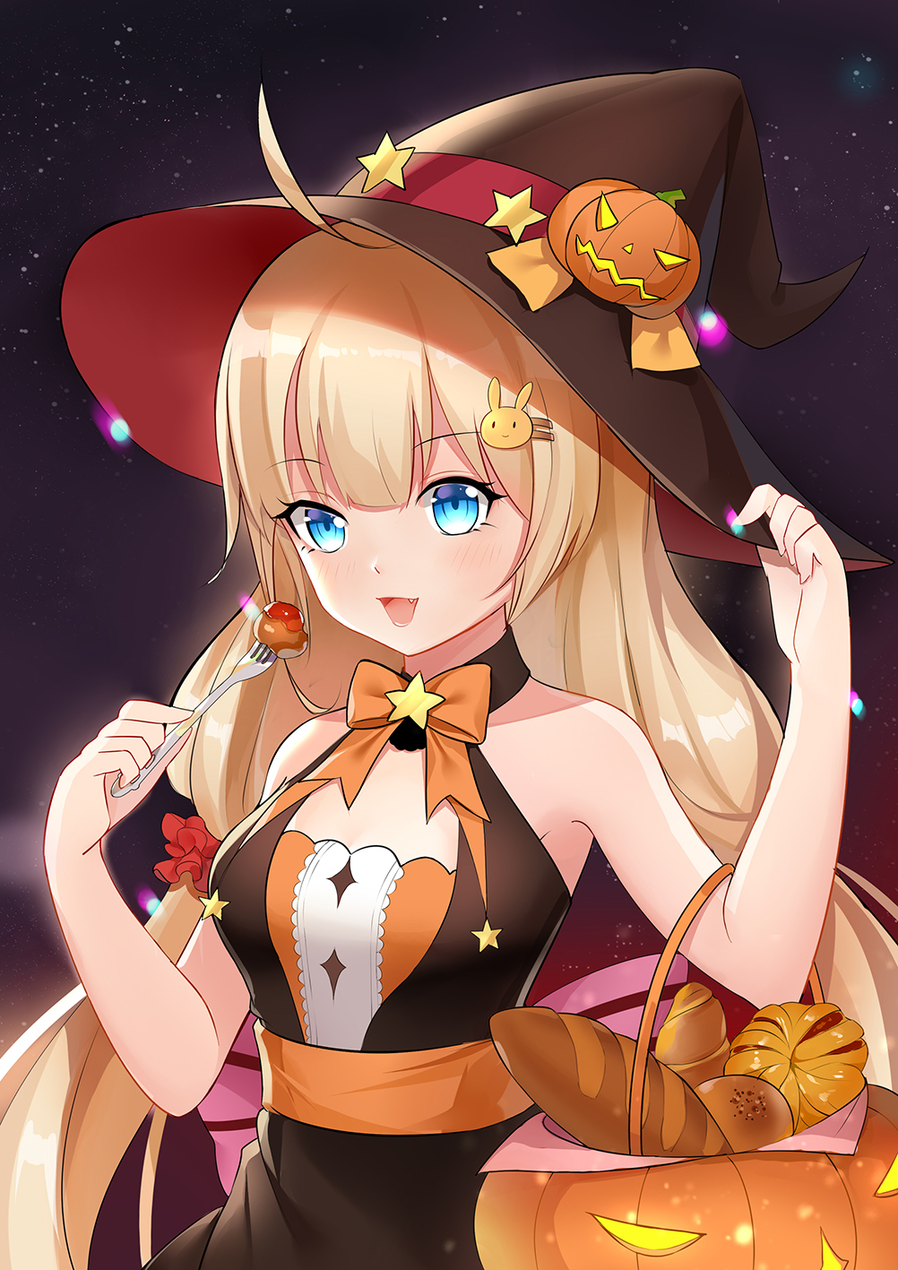 :d ahoge baguette bangs bare_shoulders basket black_hat blonde_hair blue_eyes blush bow bowtie bread breasts bunny_hair_ornament commentary_request croissant english_commentary fang food fork girls_frontline hair_ornament hairclip halloween halloween_costume hand_on_headwear hands_up happy_halloween hat highres holding holding_fork jack-o'-lantern long_hair looking_at_viewer low_twintails m45_(girls_frontline) medium_breasts night night_sky open_mouth orange_neckwear outdoors pink_bow pumpkin sidelocks sky smile solo star star_(sky) starry_sky sweets tamaxi twintails upper_body witch_hat