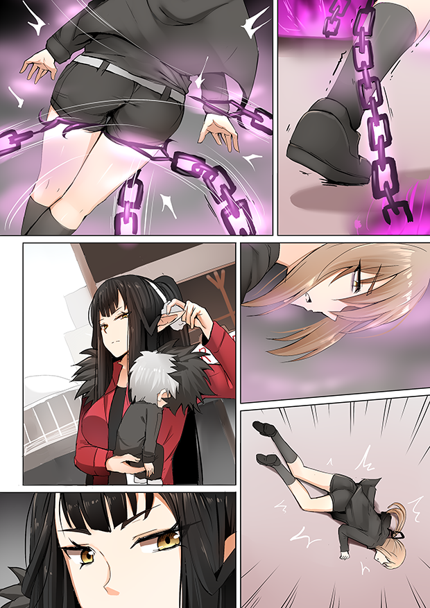 2girls artoria_pendragon_(all) ass belt black_hair blonde_hair chain coat comic commentary_request fate/grand_order fate_(series) fur_trim ginhaha glowing jacket long_hair multiple_girls pointy_ears ponytail saber_alter semiramis_(fate) shoes shorts silent_comic silver_hair socks spiked_hair trembling unconscious very_long_hair yellow_eyes