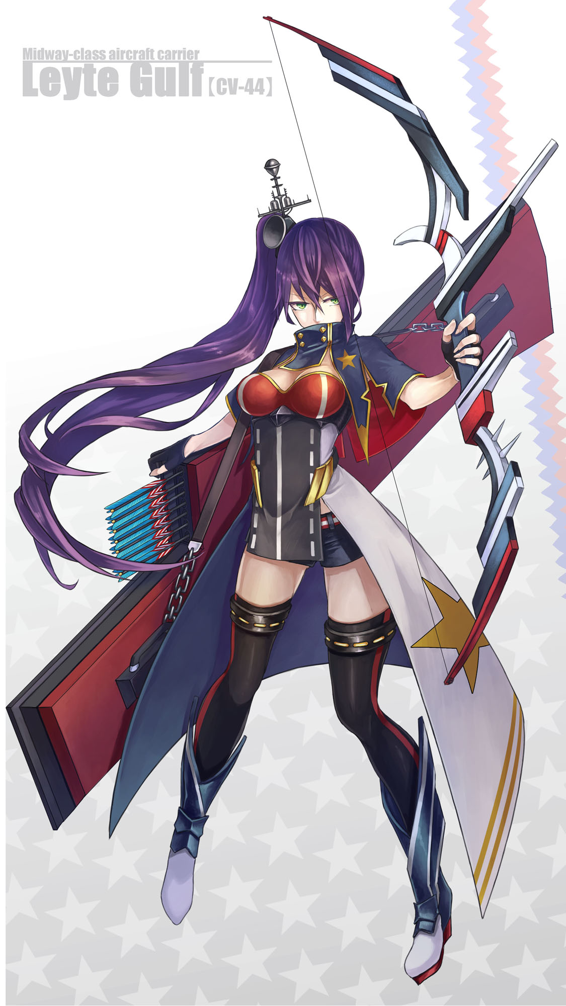 antennae black_gloves black_legwear blue_shorts bow_(weapon) breasts chain character_name cleavage covered_mouth fingerless_gloves full_body gloves green_eyes grey_background highres kuro_(b_g) long_hair looking_at_viewer medium_breasts purple_hair quiver satellite_dish short_shorts shorts side_ponytail simple_background solo standing star steelblue_mirage thighhighs very_long_hair weapon zhan_jian_shao_nyu