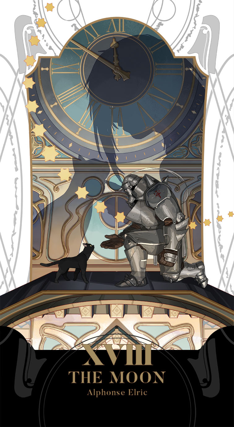 alphonse_elric animal armor black_cat cat character_name clock different_shadow flamel_symbol full_armor fullmetal_alchemist gloves highres holy_pumpkin kneeling male_focus outstretched_hand profile revision shadow star tarot text_focus