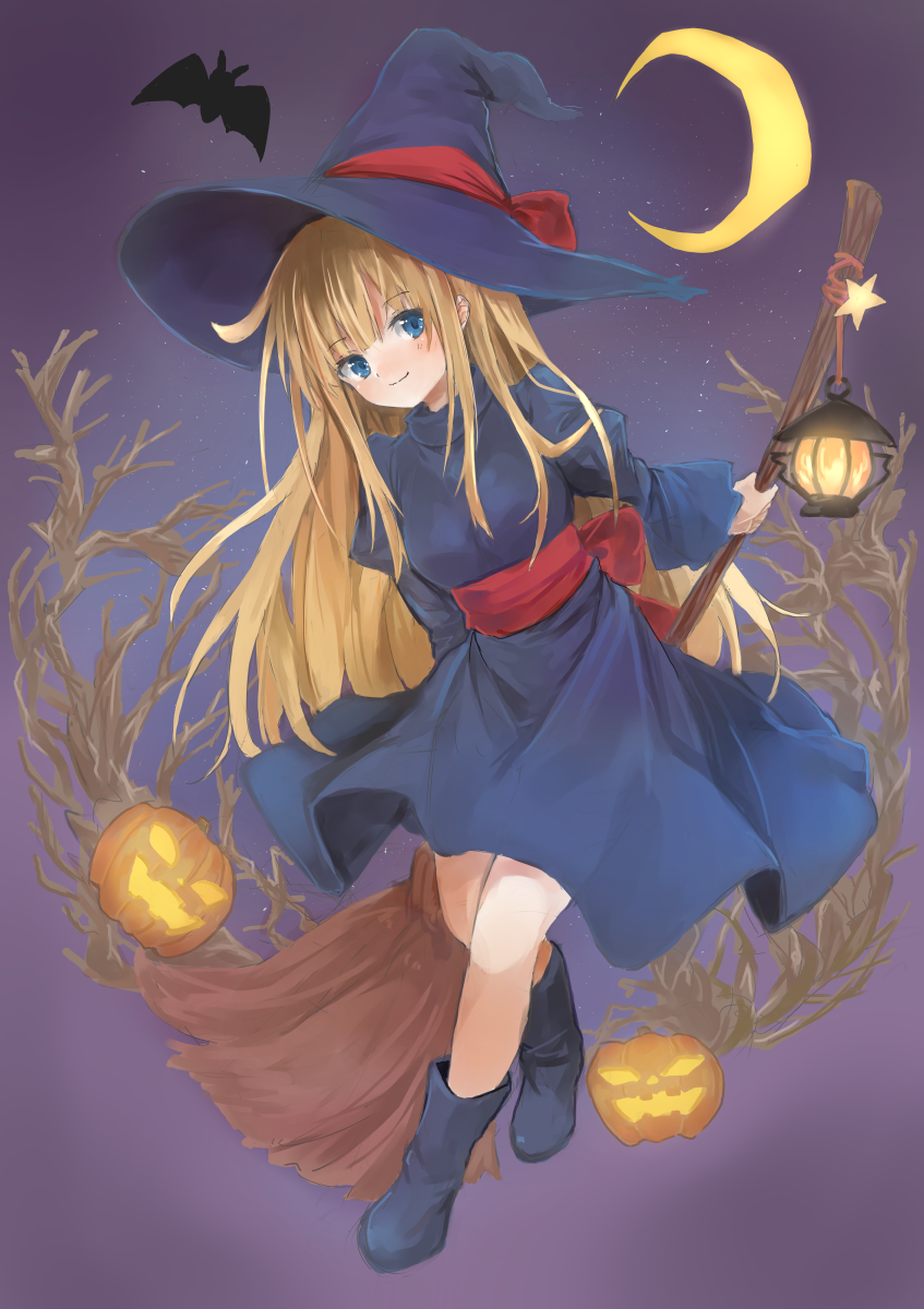 back_bow bat blonde_hair blue_eyes blue_hat blush bow broom closed_mouth commentary_request crescent_moon eyebrows_visible_through_hair halloween hat hat_bow highres holding jack-o'-lantern lantern long_hair looking_at_viewer madou_monogatari moon night night_sky purple_sky puyopuyo red_bow sash sky solo star_(sky) starry_moon waichi witch witch_(puyopuyo) witch_hat