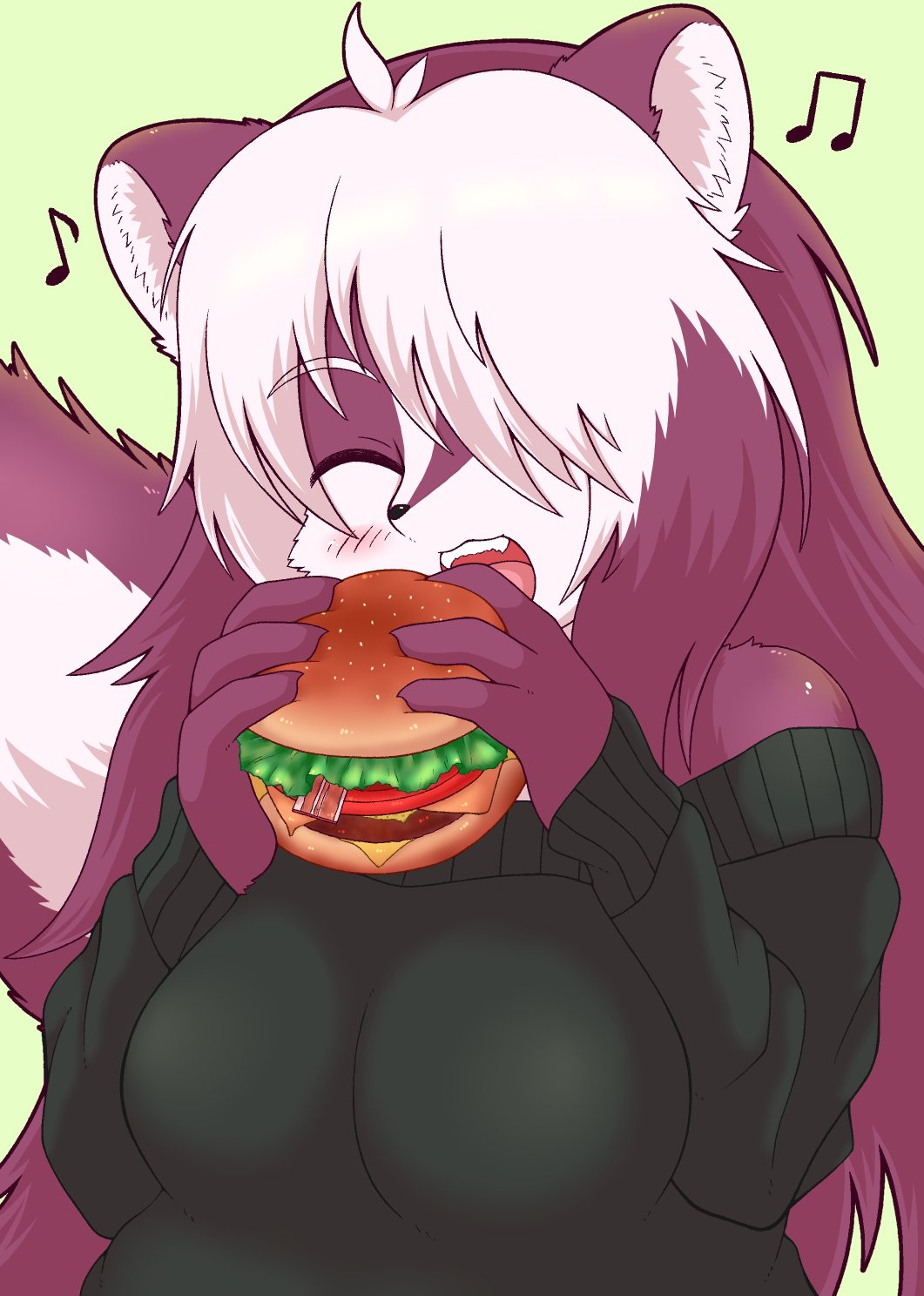 1girl eating eyes_closed food furry hamburger multicolored_hair neguchi69 skunk solo two-tone_hair