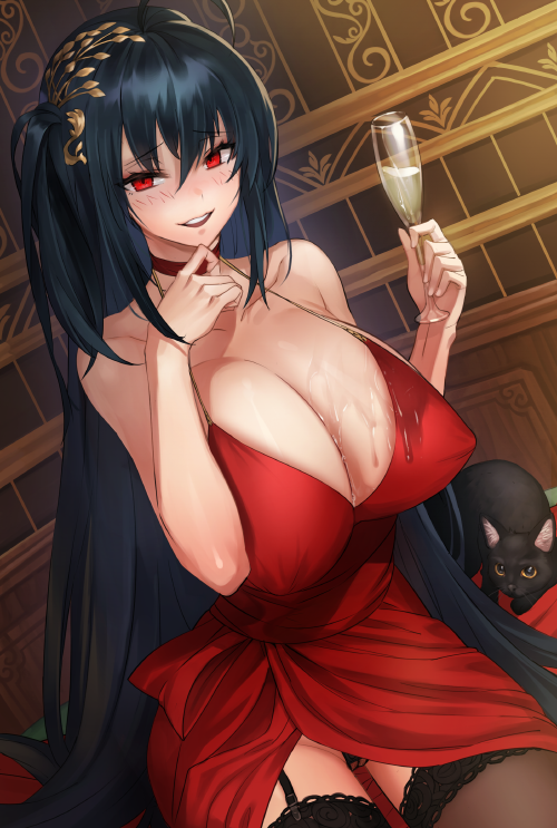 alcohol azur_lane black_cat black_hair breasts cat champagne champagne_flute cleavage commentary cup dress drinking_glass evening_gown eyebrows_visible_through_hair garter_straps huge_breasts long_hair looking_at_viewer one_side_up potato_(sksnabi) red_dress red_eyes sash smile solo spill taihou_(azur_lane) thighhighs very_long_hair