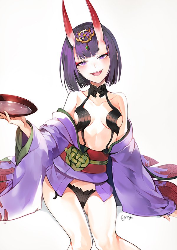 :d alcohol artist_name black_panties blush breasts cleavage collarbone cup fate/grand_order fate_(series) hair_ornament head_tilt horns looking_at_viewer makeup open_mouth panties purple_eyes purple_hair sakazuki sake short_hair shuten_douji_(fate/grand_order) simple_background sitting small_breasts smile solo underwear white_background yumaomi