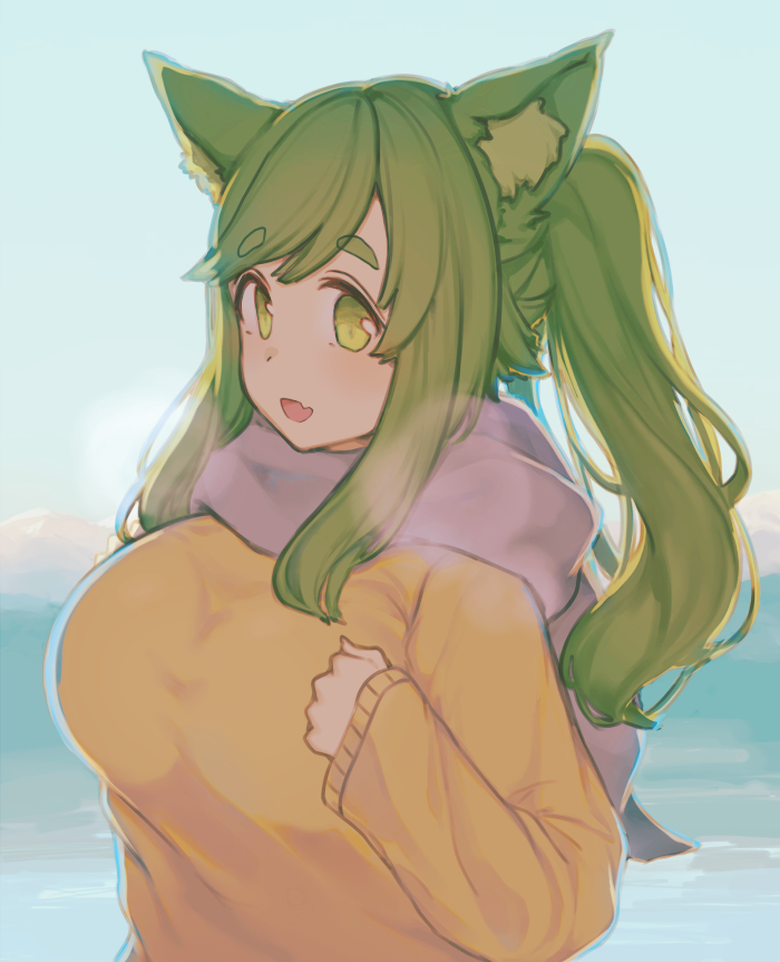 :d animal_ears bangs blue_sky blush breasts breath commentary day eyebrows_visible_through_hair fang green_eyes green_hair inuyama_aoi kemonomimi_mode large_breasts long_sleeves looking_at_viewer mogu_(kanikama_mgmg) open_mouth outdoors pink_scarf scarf sky slit_pupils smile solo sweater thick_eyebrows twintails upper_body yurucamp