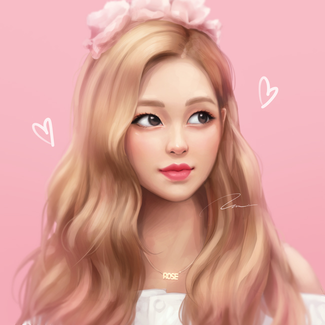 1girl bare_shoulders black_eyes blackpink blonde_hair character_request close-up closed_mouth face flower hair_flower hair_ornament hairband heart jewelry lips long_hair looking_to_the_side necklace pink_background simple_background solo umigraphics